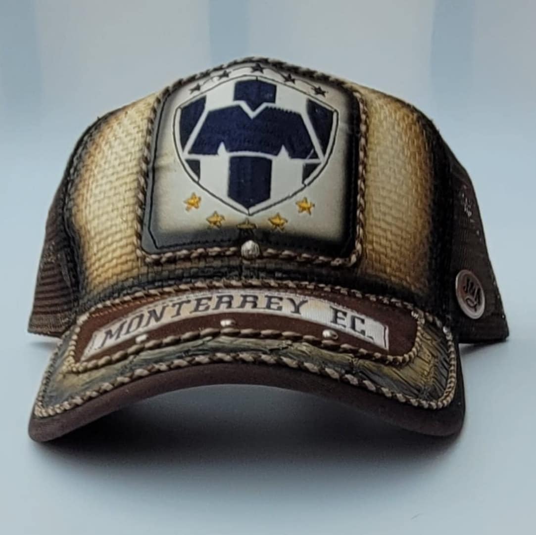 Genuine leather patch cap charro embroidery artisanal hat trucker cachucha Monterrey Mexican soccer team.