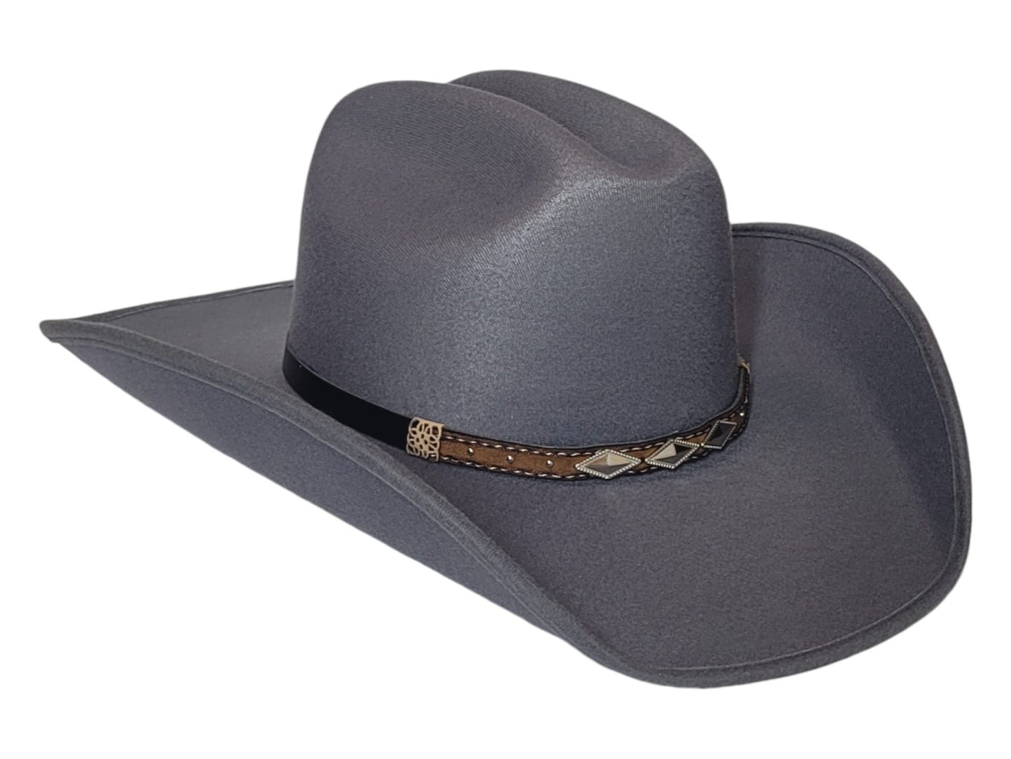 Cowboy hat in gray color, Old Murrieta-style, with feathers and metal logo of the American flag, in small, medium, and large sizes