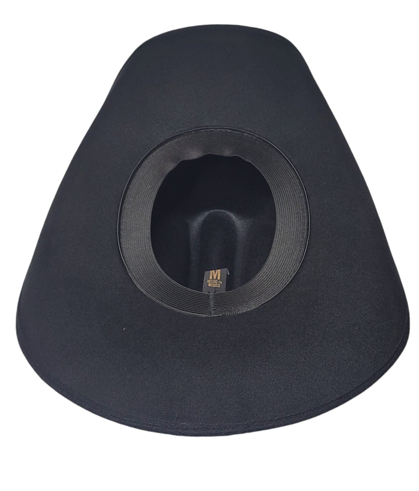 Black Men's cowboy hat vaquero old Murrieta style top hat small, medium, and Large sizes, with a metal Mexican flag Logo