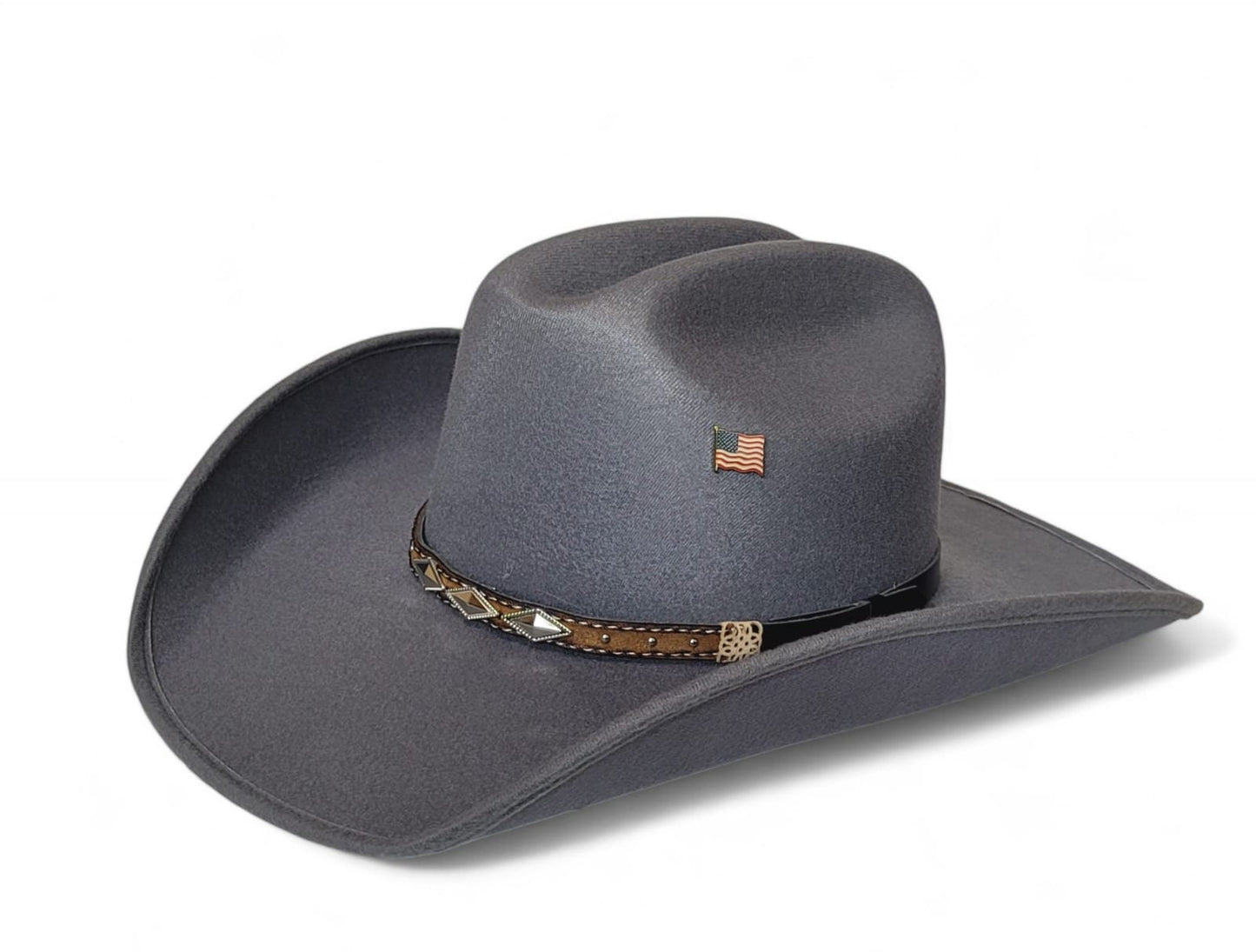 Gray cowboy hat vaquero old Murrieta style luxury hat small, medium, and Large sizes, with a metal USA flag Logo gray color