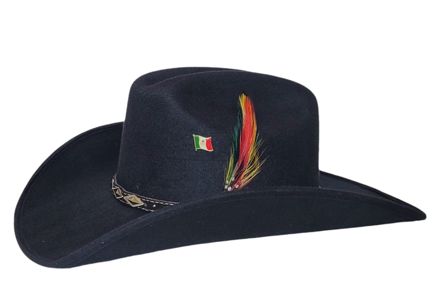 Cowboy hat in black color, Old Murrieta-style, with feathers and metal logo of the Mexican flag, in small, medium, and large sizes