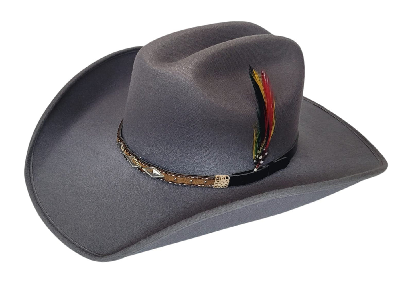 Cowboy hat in gray color, Old Murrieta-style, with feathers and metal logo of the American flag, in small, medium, and large sizes