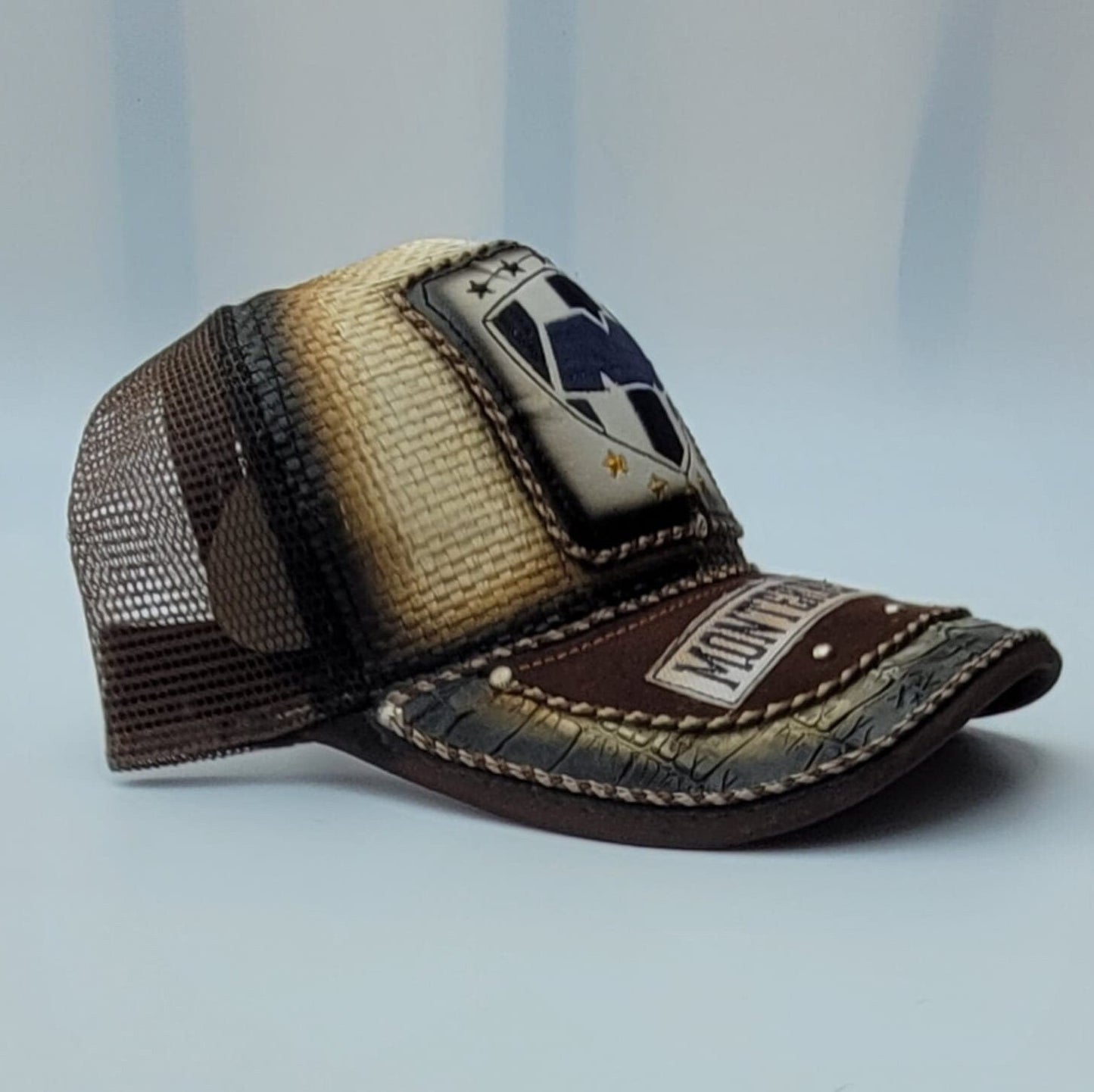 Genuine leather patch cap charro embroidery artisanal hat trucker cachucha Monterrey Mexican soccer team.