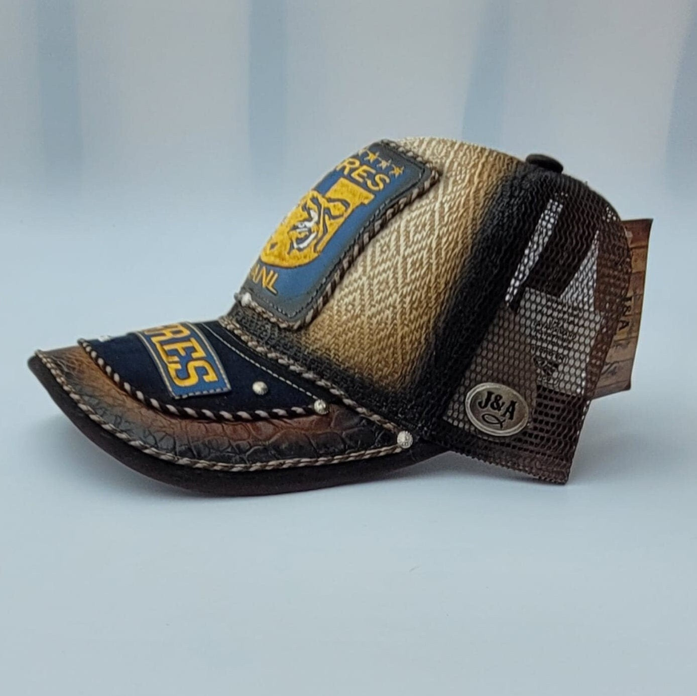 Genuine leather patch cap gorra charro embroidery artisan hat trucker cachucha Tigres Mexican soccer team.
