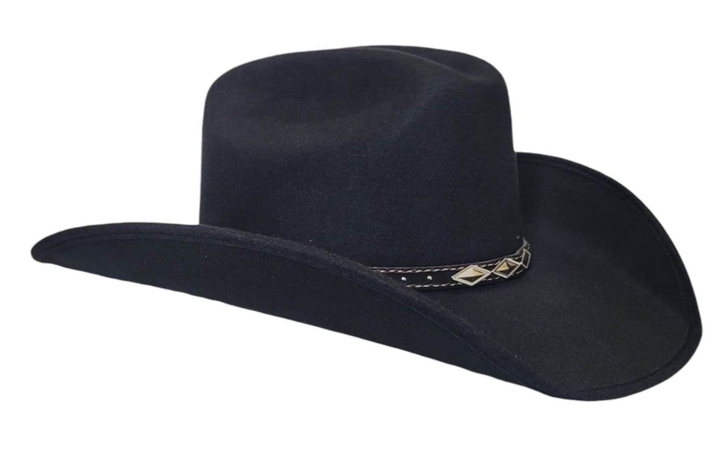 Black Men's cowboy hat vaquero old Murrieta style top hat small, medium, and Large sizes, with a metal Mexican flag Logo