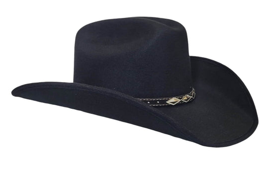 Black Men's cowboy hat vaquero old Murrieta style top hat small, medium, and Large sizes, with a metal Mexican flag Logo