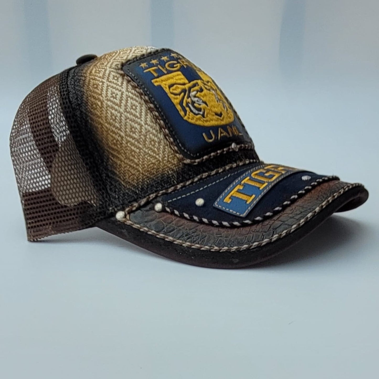 Genuine leather patch cap gorra charro embroidery artisan hat trucker cachucha Tigres Mexican soccer team.
