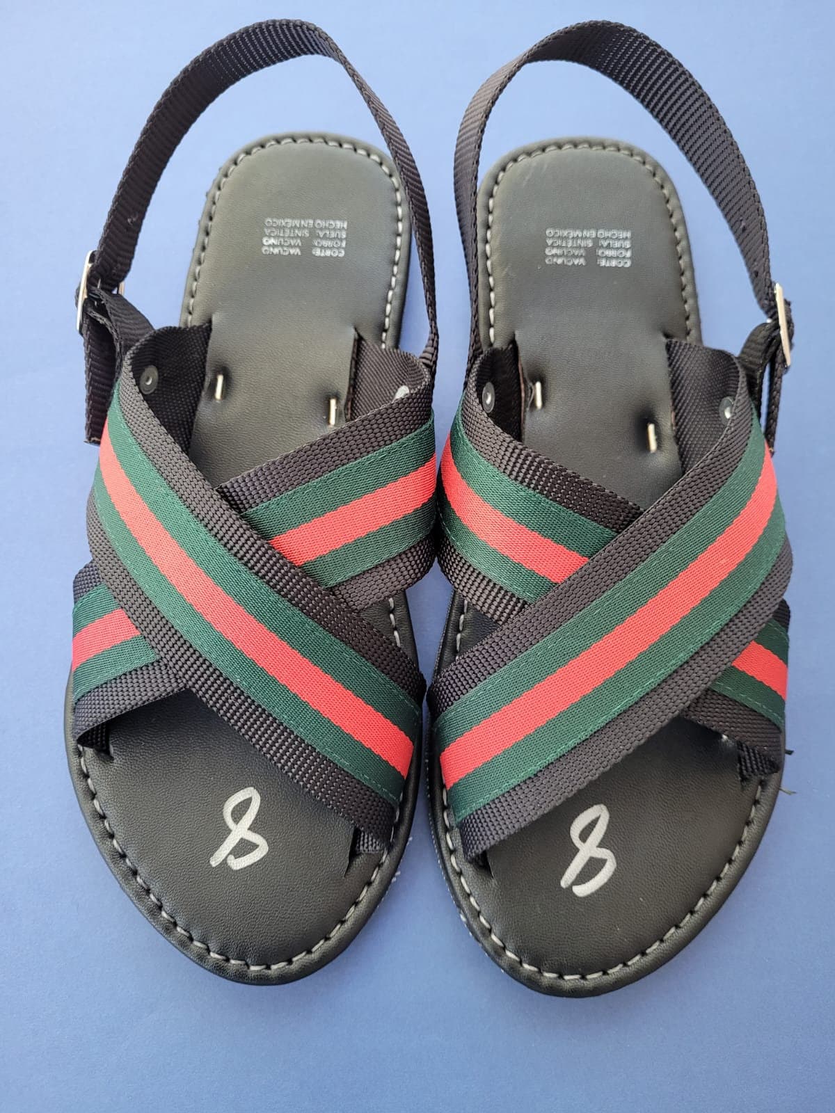 Men's Guys Flat Rubber and leather Slides Web sandal Stripe Sandals comfortable