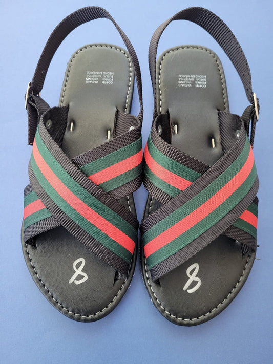 Men's Guys Flat Rubber and leather Slides Web sandal Stripe Sandals comfortable
