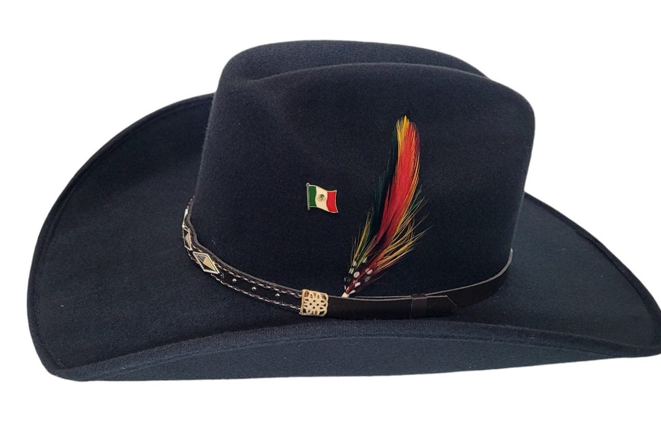 Cowboy hat in black color, Old Murrieta-style, with feathers and metal logo of the Mexican flag, in small, medium, and large sizes
