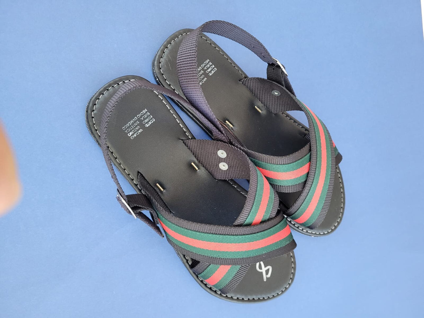 Men's Guys Flat Rubber and leather Slides Web sandal Stripe Sandals comfortable
