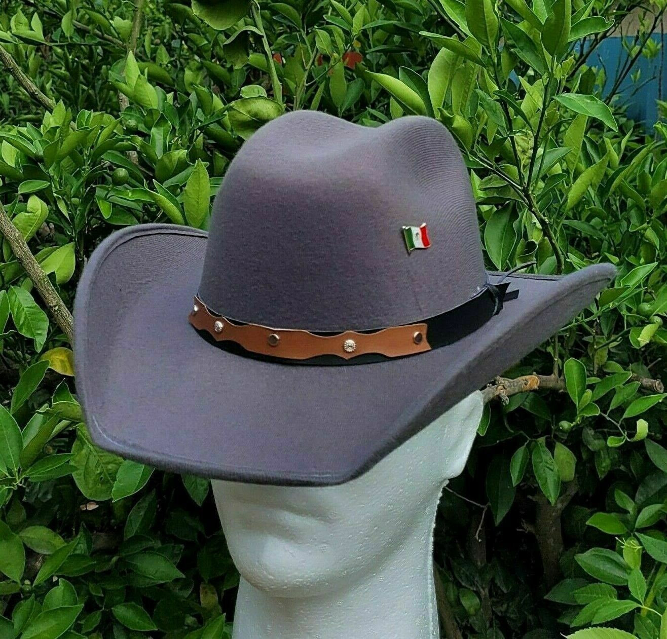 Western cowboy Gray hat the old Murrieta vaquero style w/metal Mexican flag logo