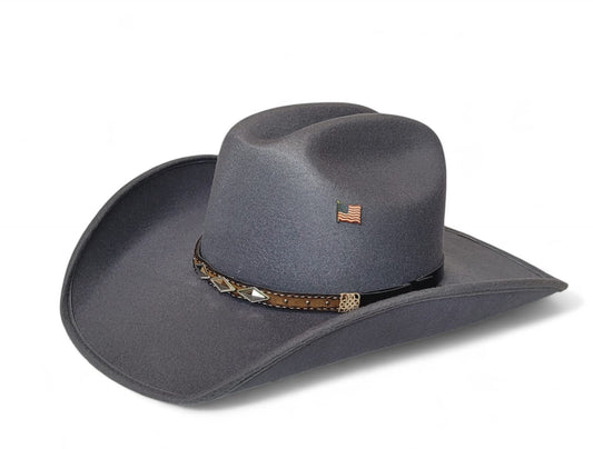 Gray cowboy hat vaquero old Murrieta style luxury hat small, medium, and Large sizes, with a metal USA flag Logo gray color