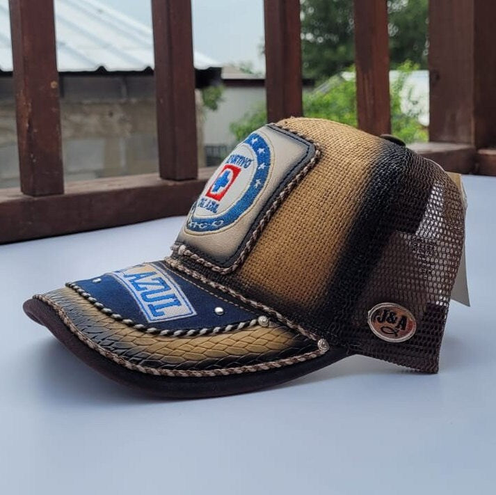Genuine leather patch cap gorra charro embroidery artisanal hat trucker cap Cruz Azul Mexican soccer team.