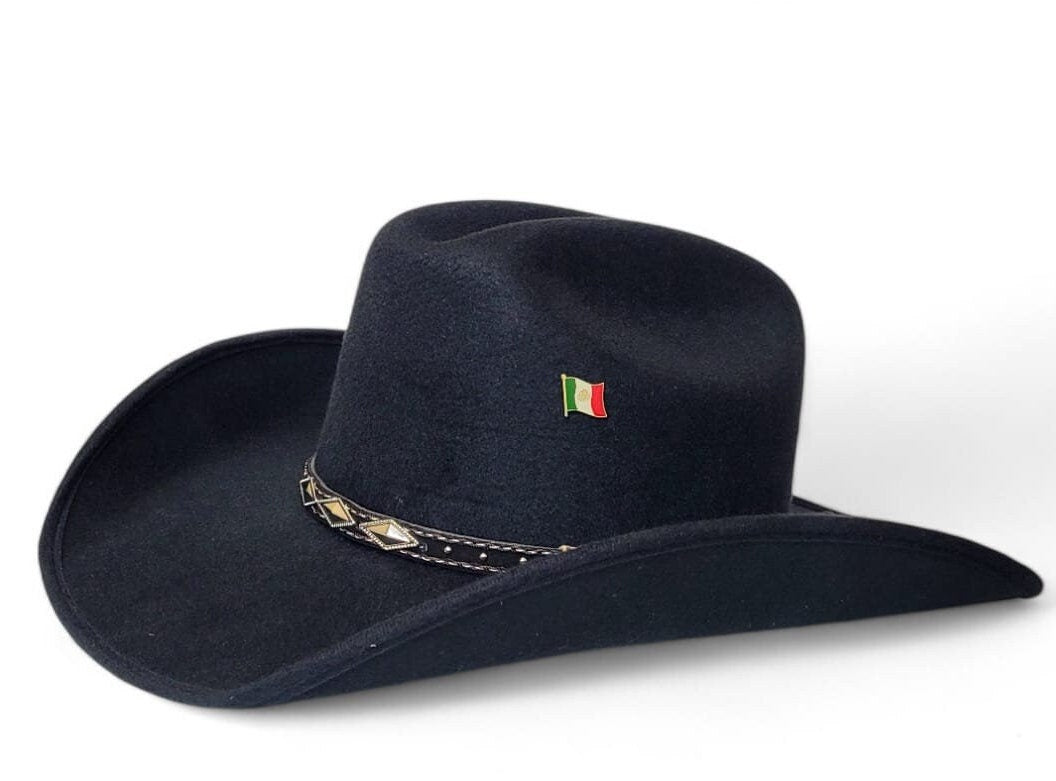 Black Men's cowboy hat vaquero old Murrieta style top hat small, medium, and Large sizes, with a metal Mexican flag Logo