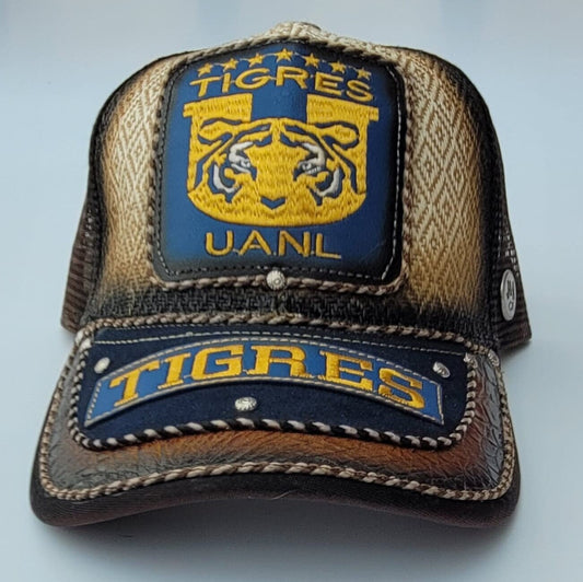 Genuine leather patch cap gorra charro embroidery artisan hat trucker cachucha Tigres Mexican soccer team.