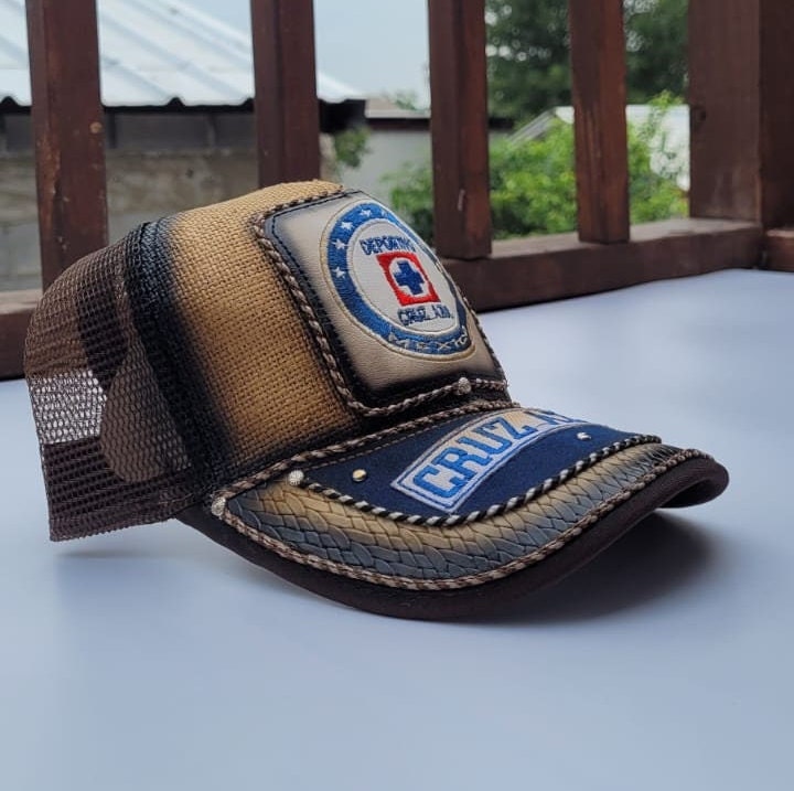 Genuine leather patch cap gorra charro embroidery artisanal hat trucker cap Cruz Azul Mexican soccer team.