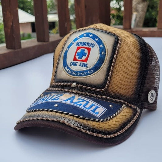 Genuine leather patch cap gorra charro embroidery artisanal hat trucker cap Cruz Azul Mexican soccer team.