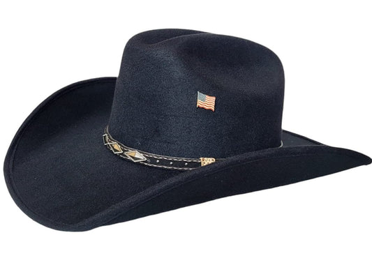 Black Men's cowboy hat vaquero old Murrieta style luxury hat small, medium, and Large sizes, with a metal USA flag Logo
