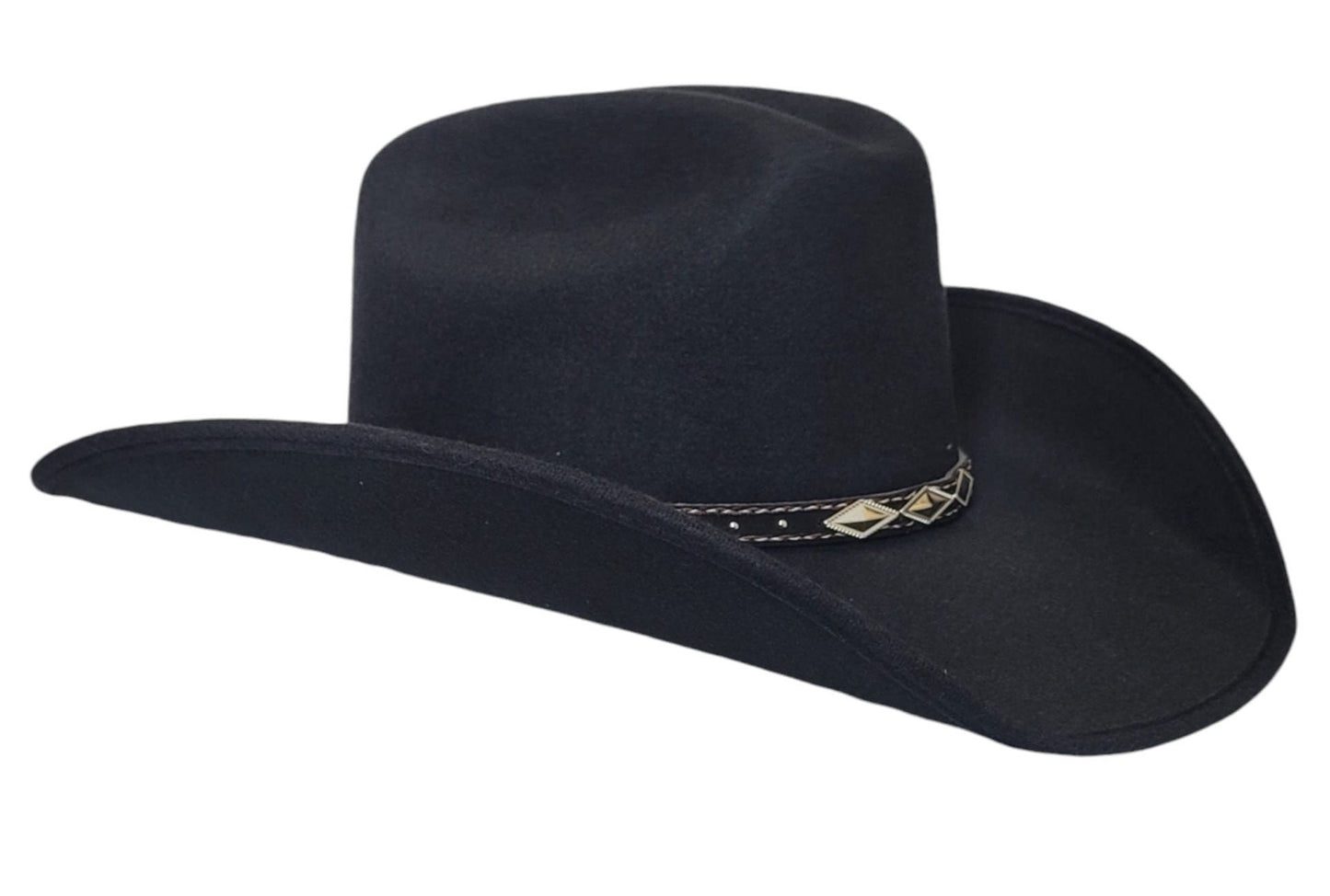 Cowboy hat in black color, Old Murrieta-style, with feathers and metal logo of the Mexican flag, in small, medium, and large sizes