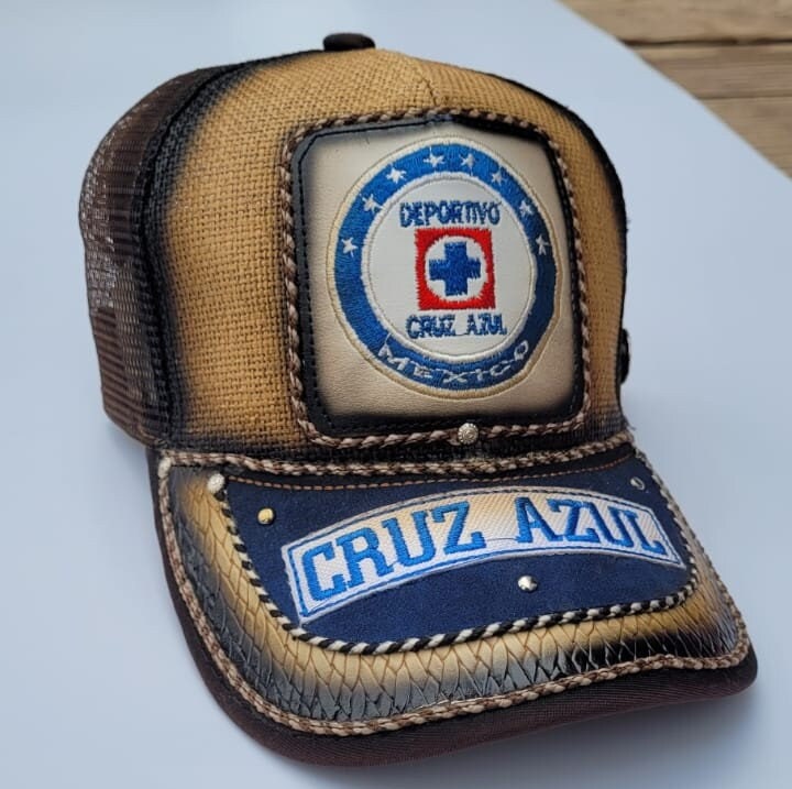 Genuine leather patch cap gorra charro embroidery artisanal hat trucker cap Cruz Azul Mexican soccer team.