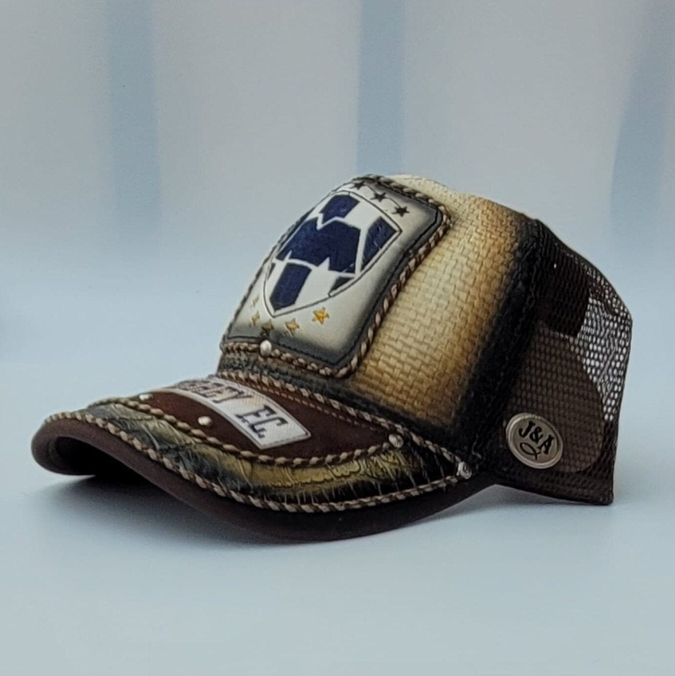 Genuine leather patch cap charro embroidery artisanal hat trucker cachucha Monterrey Mexican soccer team.