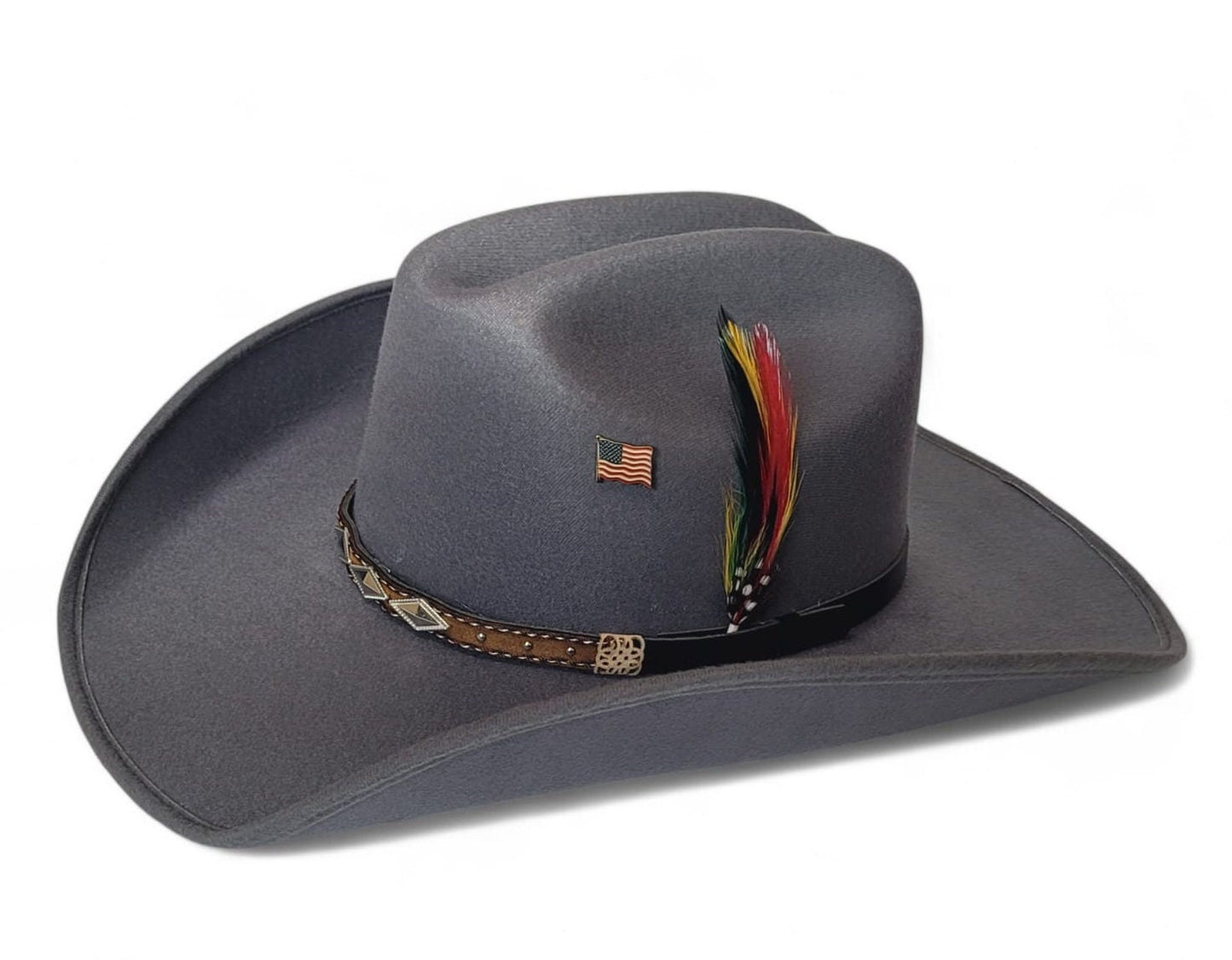 Cowboy hat in gray color, Old Murrieta-style, with feathers and metal logo of the American flag, in small, medium, and large sizes