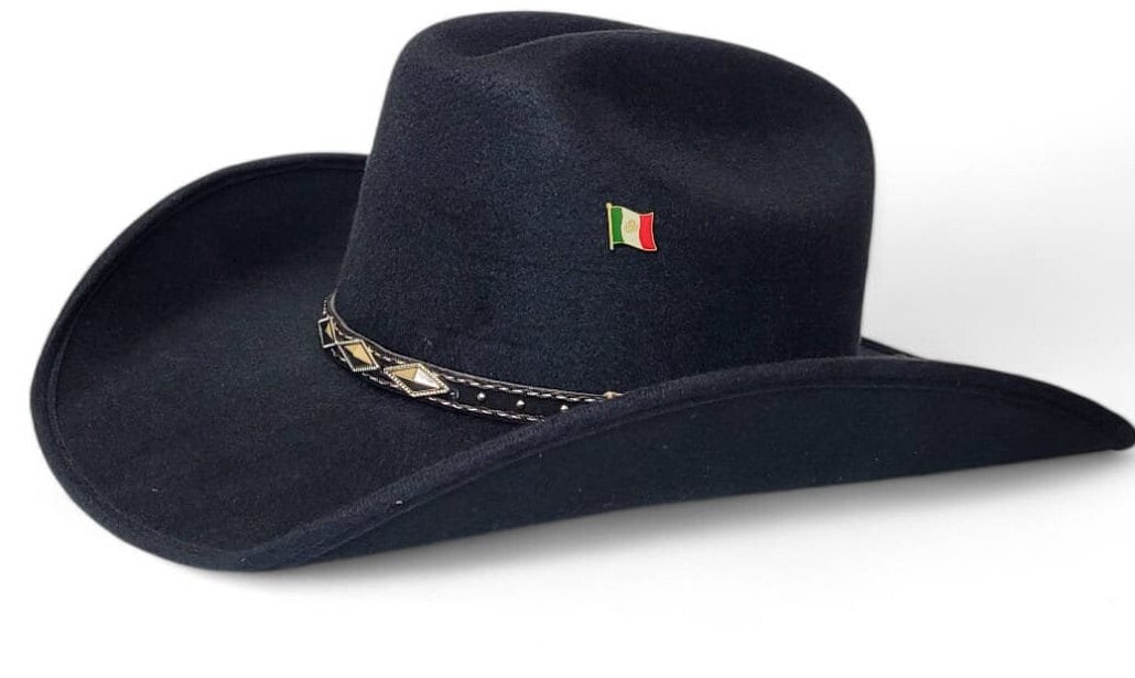 Black Men's cowboy hat vaquero old Murrieta style top hat small, medium, and Large sizes, with a metal Mexican flag Logo